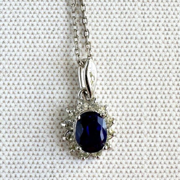 Silver-Tone Necklace With Blue Faceted Glass Rhinestone Pendant & Clear Rhinesto - Picture 1 of 8